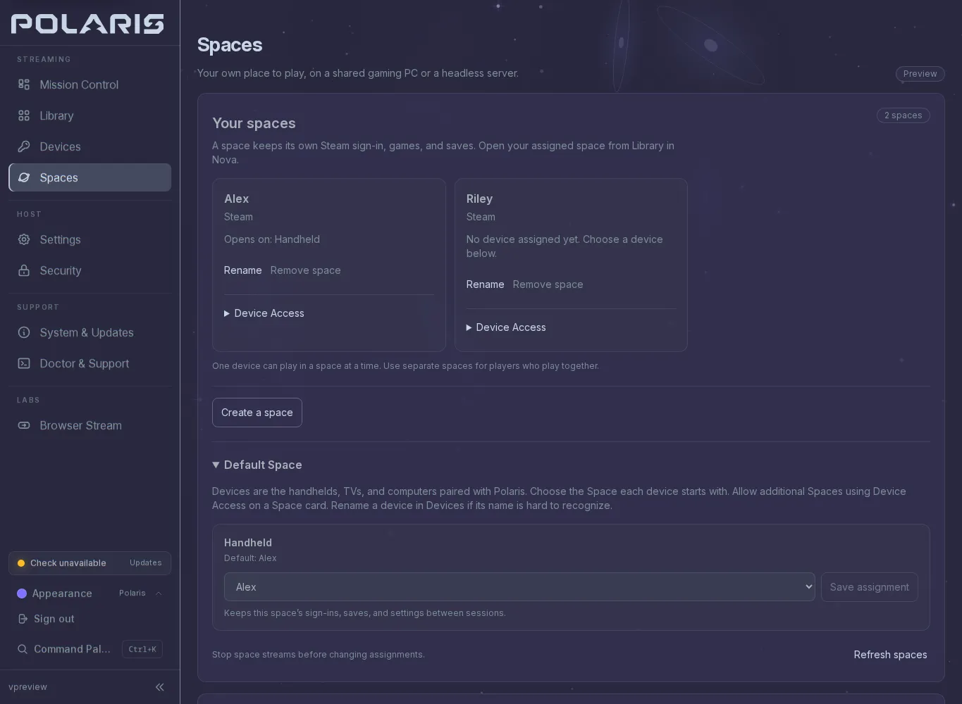 Spaces with player cards and a default Space for a handheld