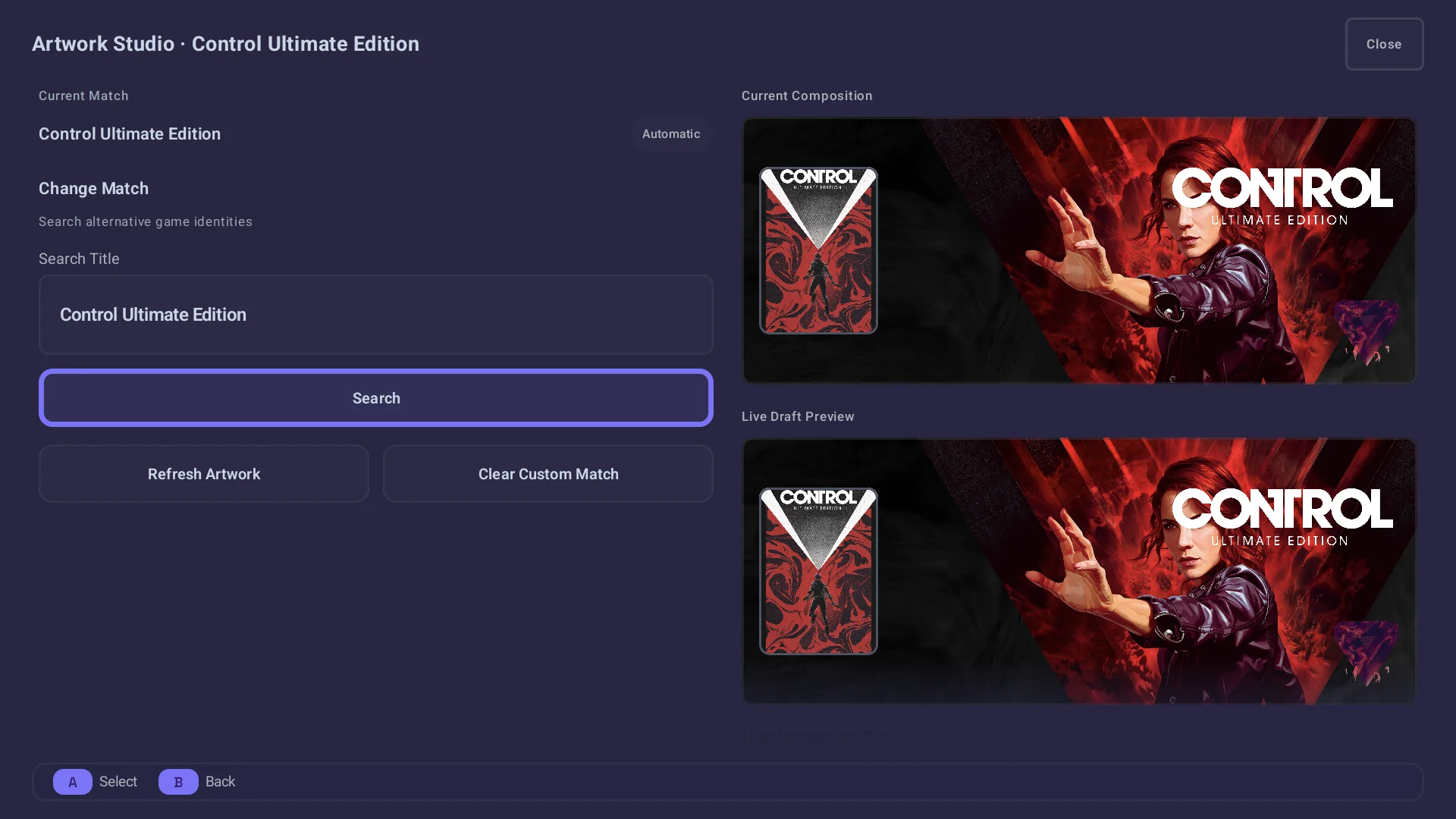 Nova Artwork Studio for Control Ultimate Edition: the current match with Search, Refresh Artwork and Clear Custom Match, beside the current composition and a live preview of the draft