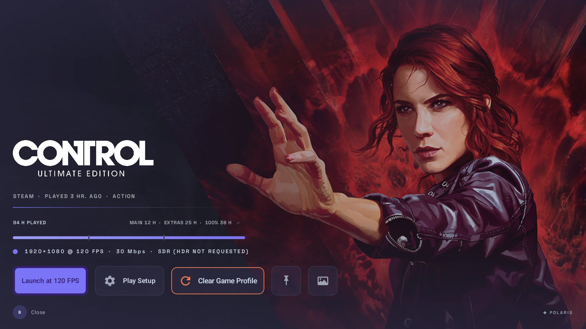 Nova's page for Control Ultimate Edition, with hours played, how long it takes to finish, and the stream it will ask for above Launch and Play Setup