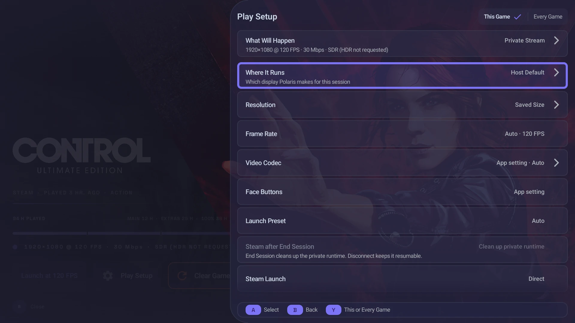 Nova Play Setup for Control Ultimate Edition, listing what will happen, where it runs, resolution, frame rate and codec before launch