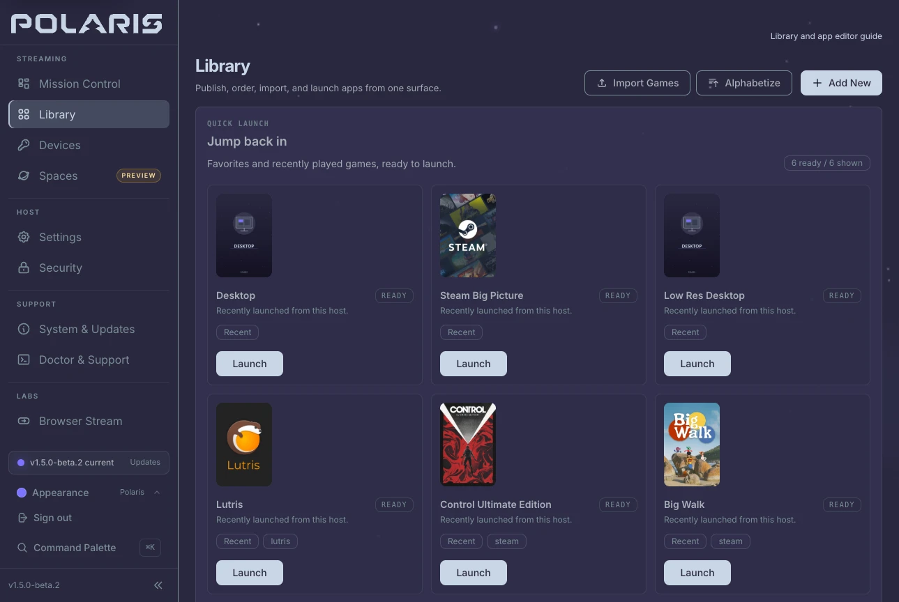 The Polaris Library in the Polaris Aurora theme, with recently launched games ready to launch
