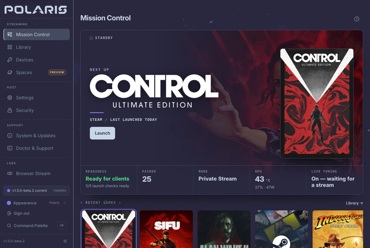 Polaris Mission Control in the Polaris Aurora theme, with Control Ultimate Edition up next, the host ready for clients, and recent games below
