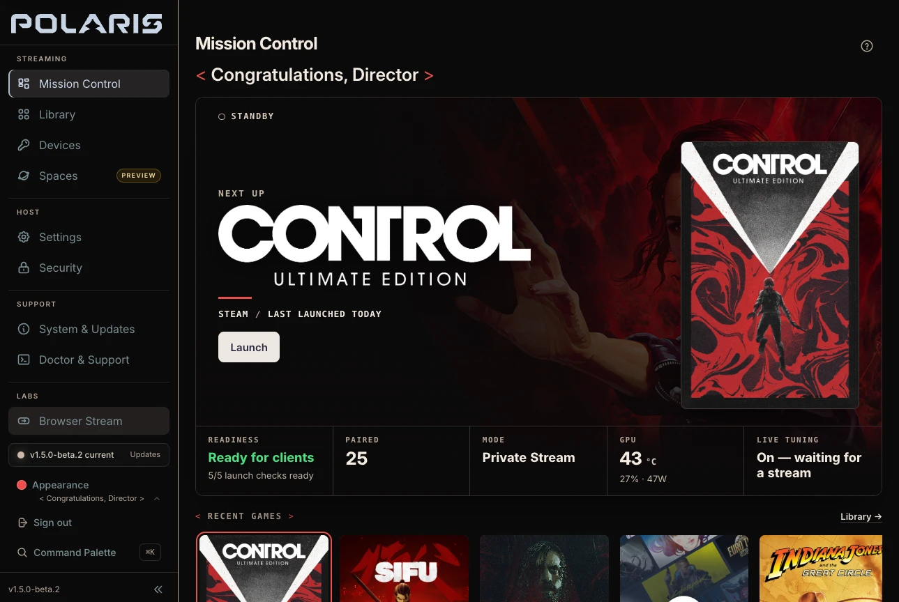 The same Polaris Mission Control in the < Congratulations, Director > theme: charcoal, warm white and red
