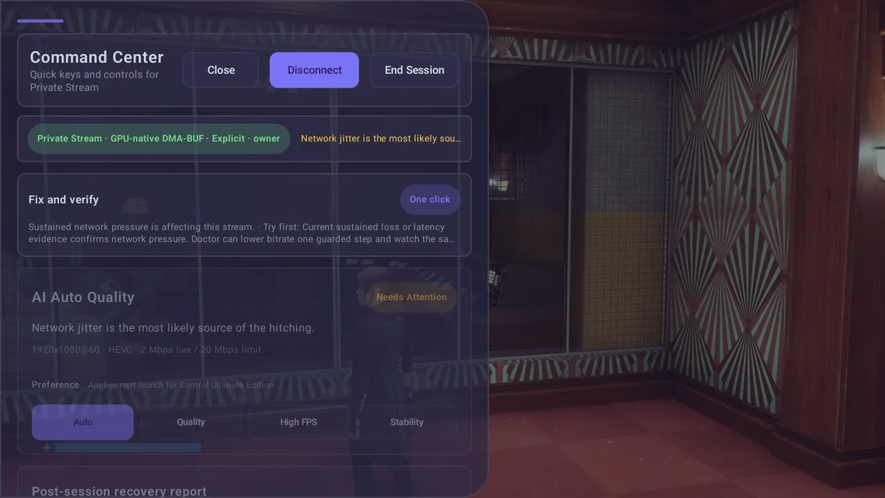 Signed Nova v1.3.6 Polaris Aurora Command Center over a live private stream with runtime and Doctor status