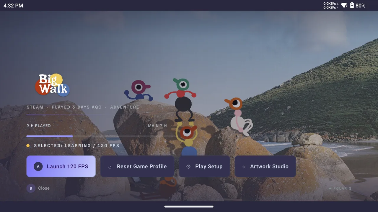 Signed Nova v1.3.6 Polaris Aurora Game Detail for Big Walk with playtime, a Learning 120 FPS profile, and launch actions