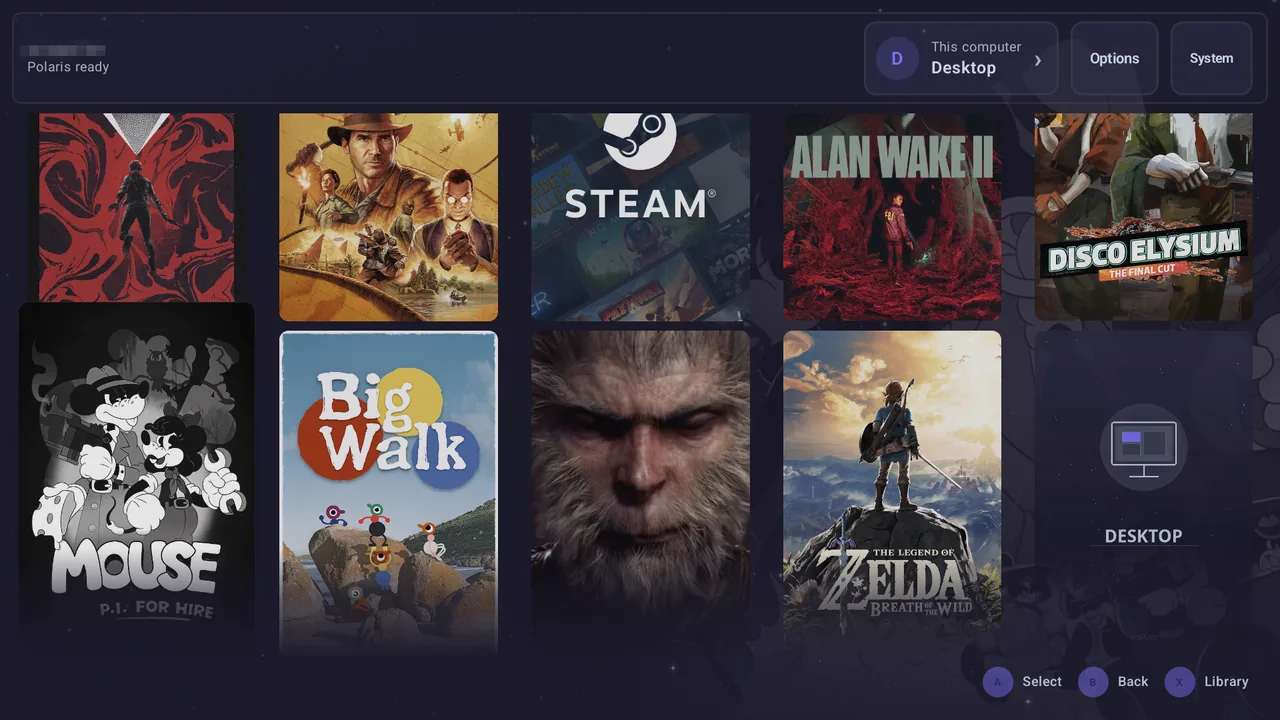 The Nova 1.4.12 Library on a Retroid Pocket 6 in the Polaris Aurora theme, with Big Walk in focus in a grid of cover art