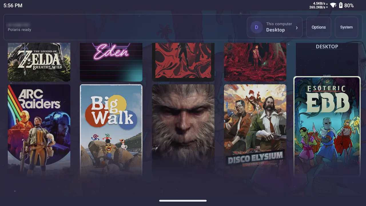 Signed Nova v1.4.9 Polaris Aurora Library on a Retroid Pocket 6, with Big Walk selected in a grid of cover art beside the connected host and its Desktop entry