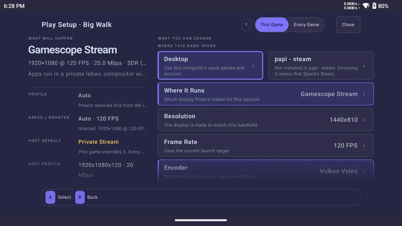 Signed Nova v1.4.9 Polaris Aurora Play Setup for Big Walk on a Gamescope Stream session with Vulkan Video required for this launch, marking that this game overrides the host default of Private Stream