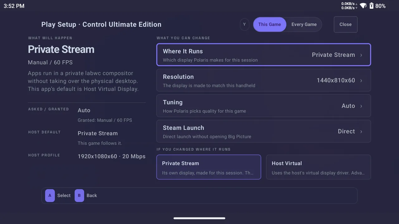 Signed Nova v1.3.6 Polaris Aurora Play Setup for Control Ultimate Edition showing Private Stream choices