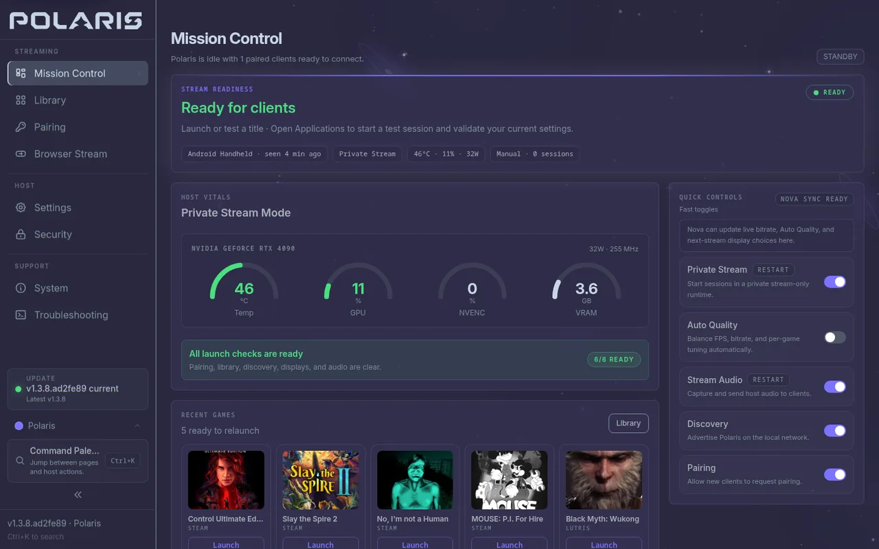 Polaris v1.3.8 Aurora Mission Control ready for an Android Handheld, with host vitals and six launch checks ready
