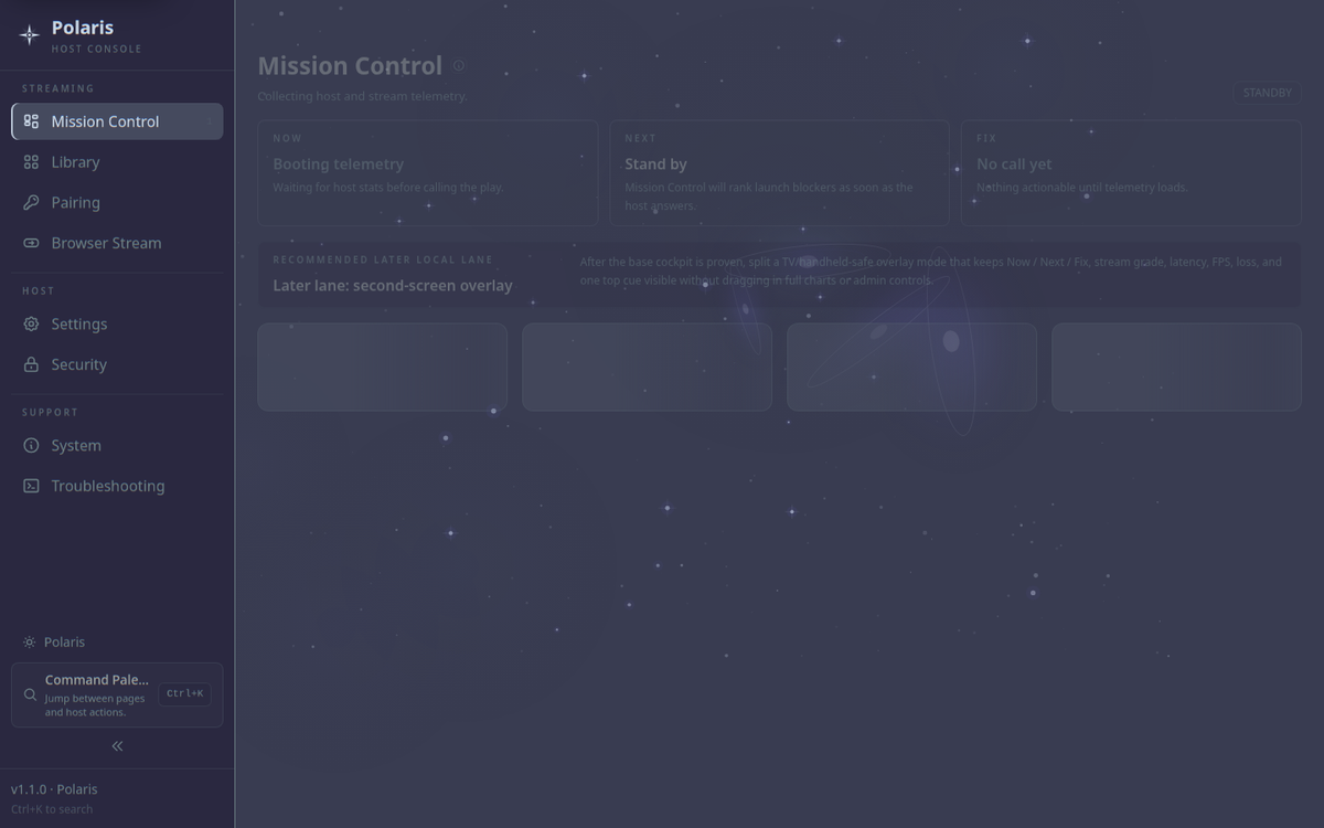 Polaris Mission Control showing Linux host and stream status